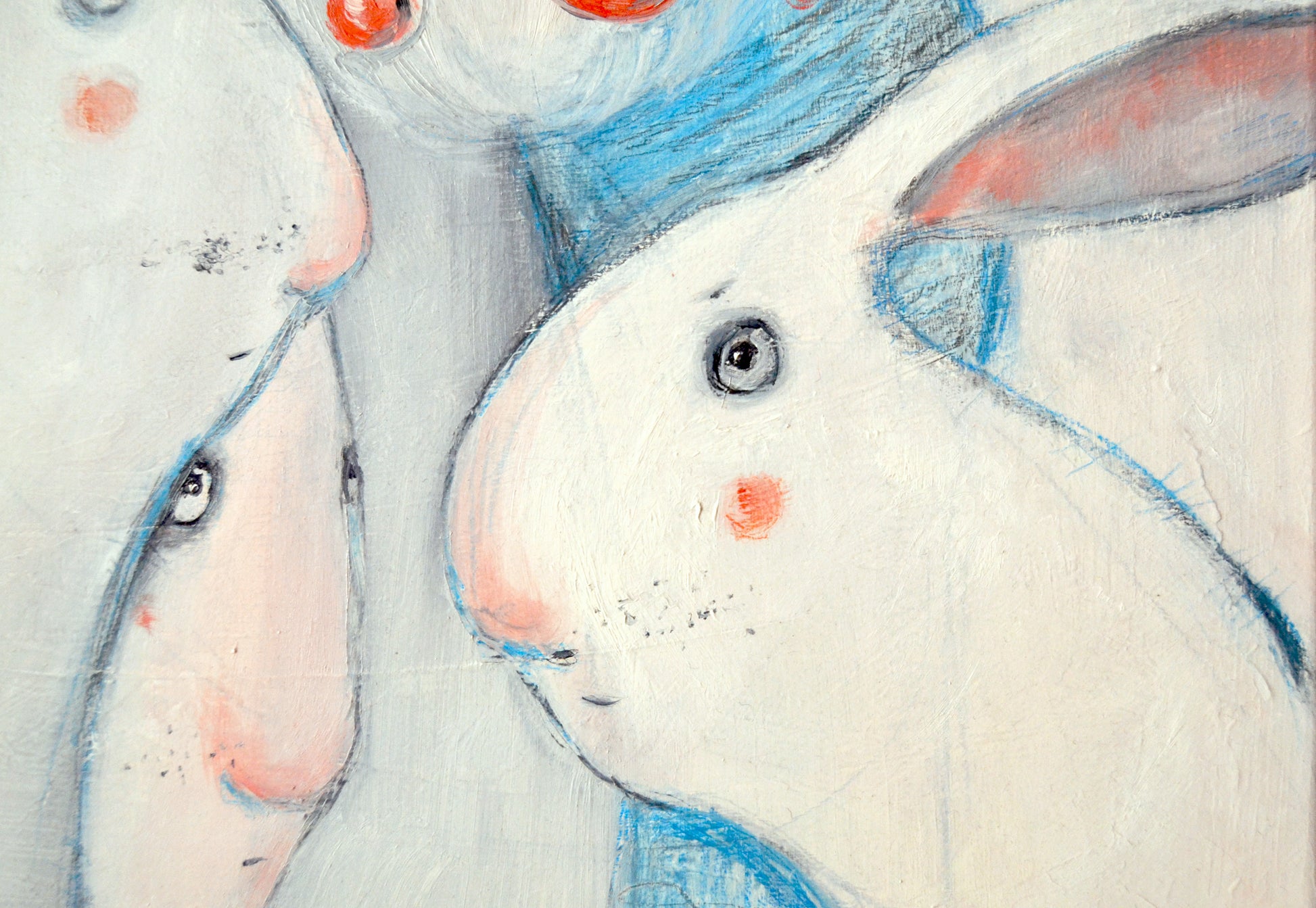 Cute painting by artist Yana Medow art store. Available art with free worldwide shipping. Cute white bunnies.