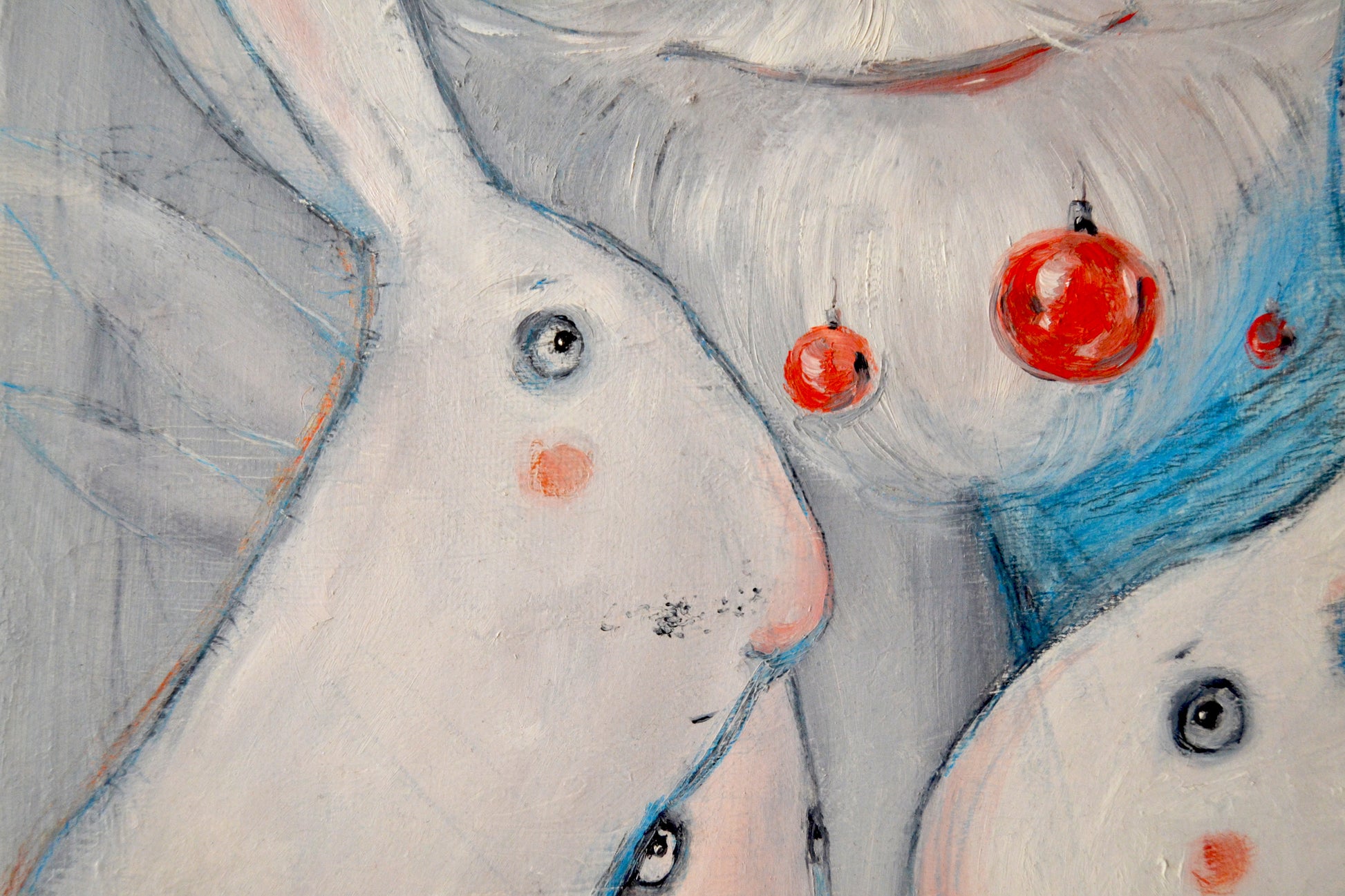 Cute painting by artist Yana Medow art store. Available art with free worldwide shipping. Cute white bunnies.