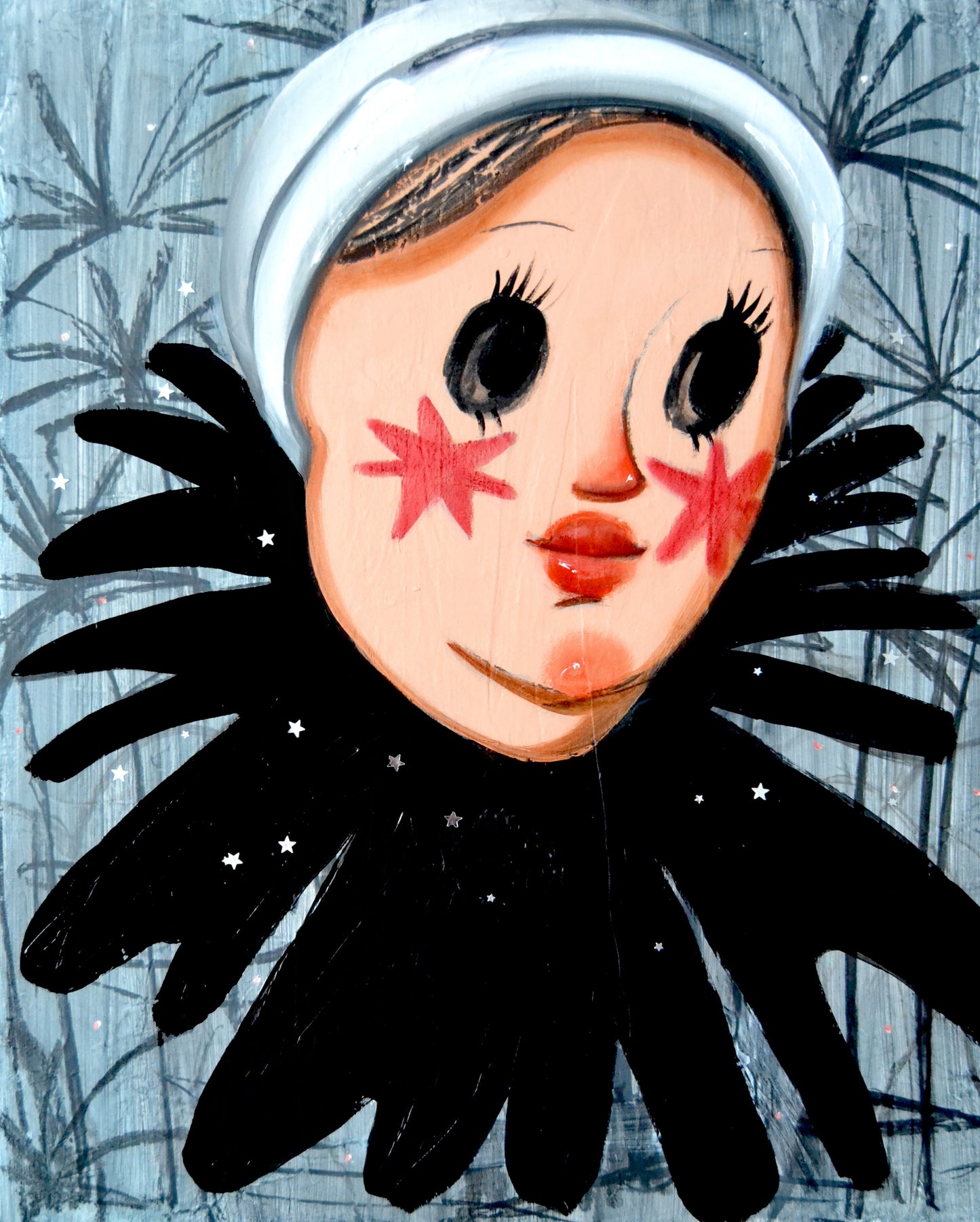 Girl Pierrot with black eyes. Original painting available in the art shop by Yana Medow artist.